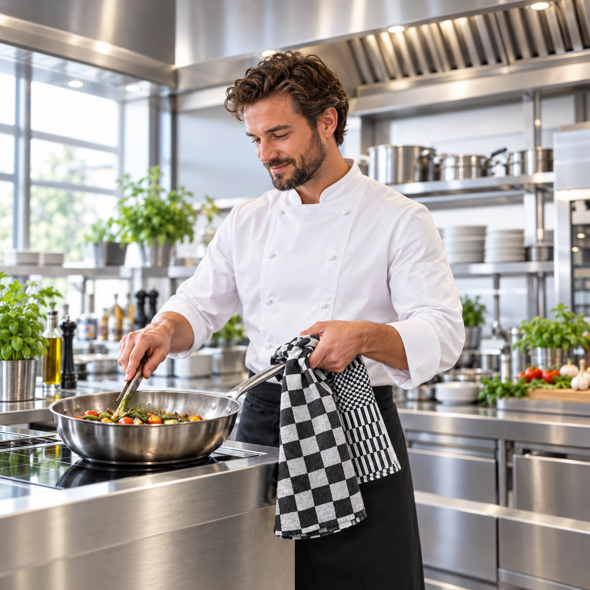 Kok met een blokdoek in een professionele keuken